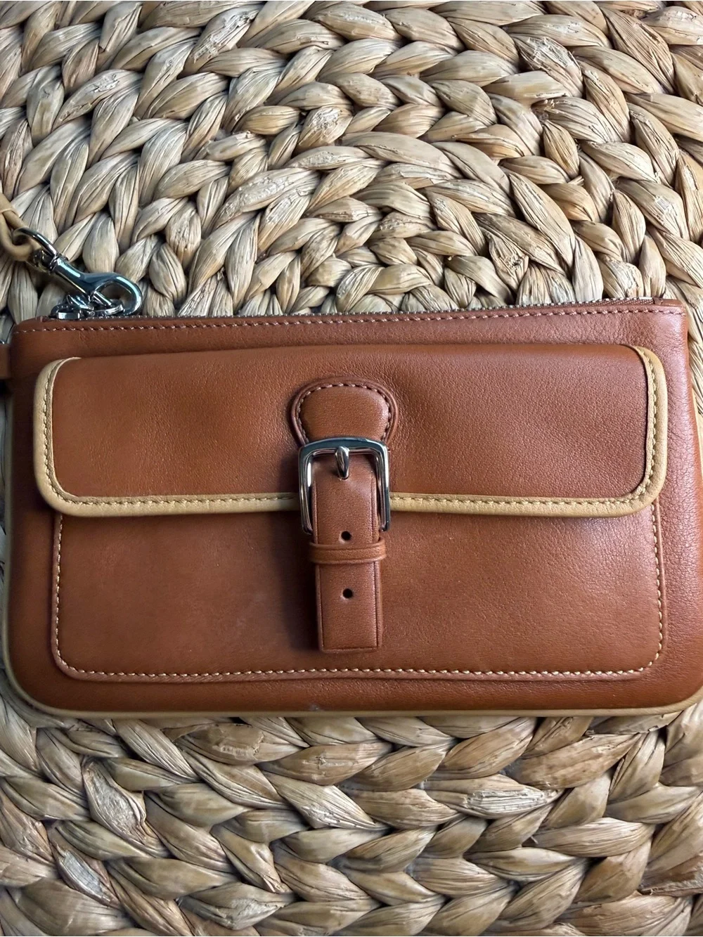 Coach Brown Leather Wristlet Wallet with Tan Trim